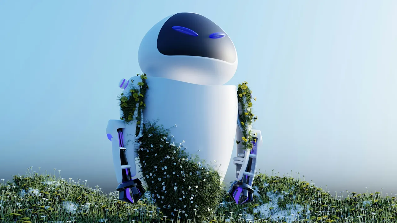 White robot standing in a flowering meadow, illustrating the environmental footprint of AI